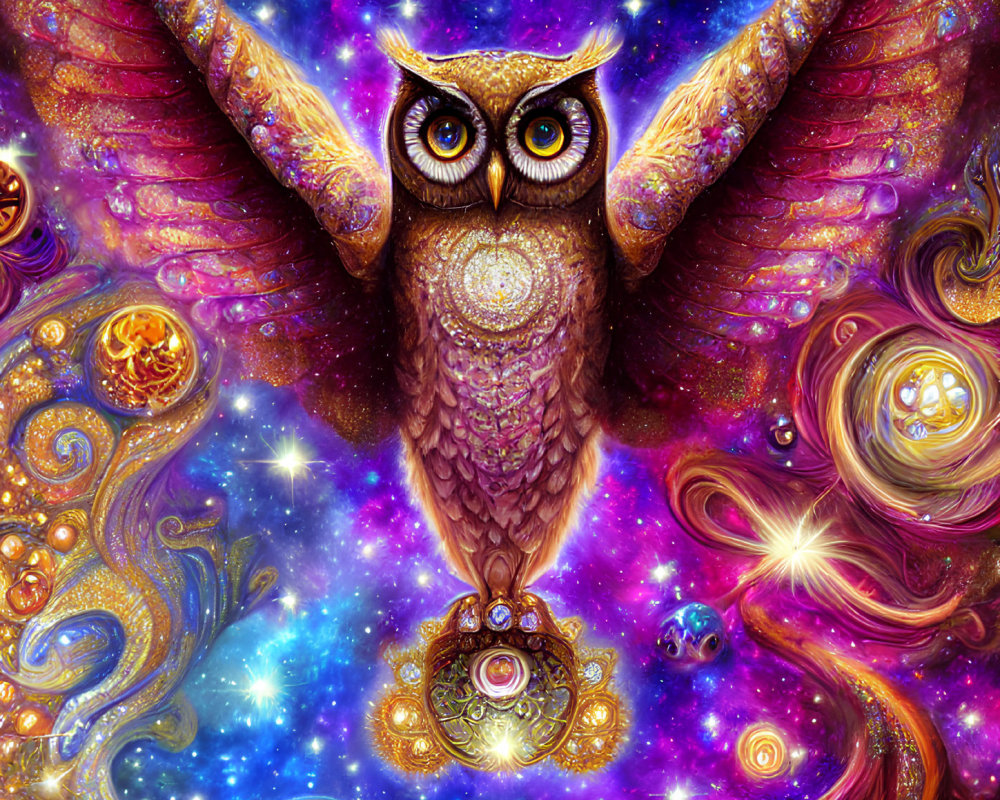 Colorful Fantastical Owl Illustration with Cosmic Background