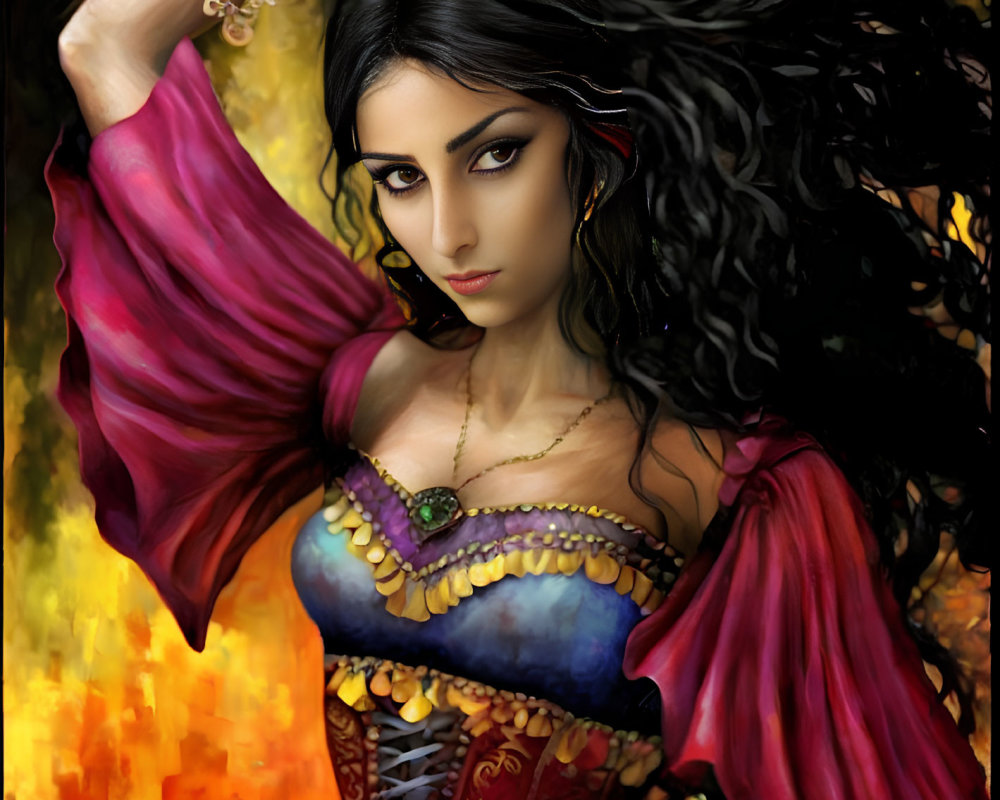 Dark Curly-Haired Woman in Colorful Attire Against Fiery Background