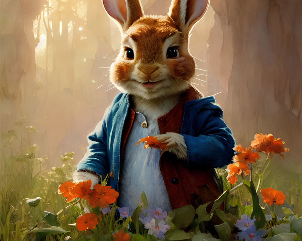 Anthropomorphic rabbit in blue attire surrounded by flowers in sunny forest.