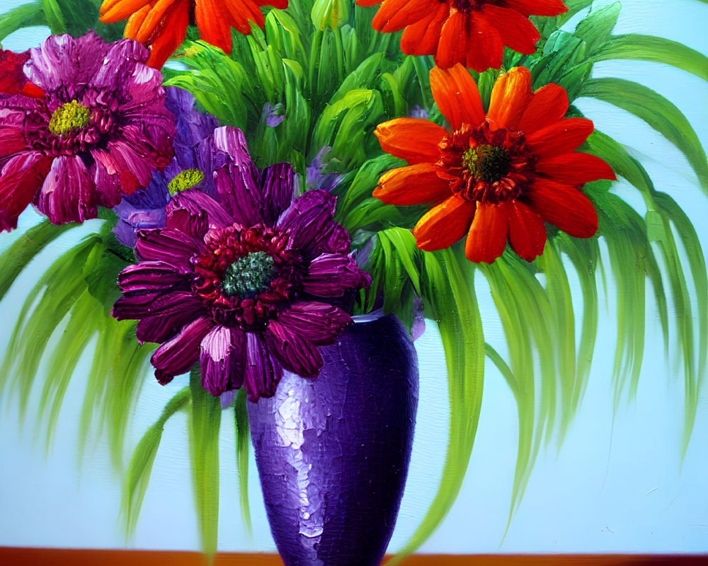 Colorful oil painting of purple vase with red and purple flowers on blue background