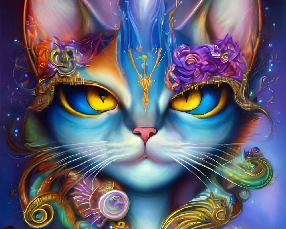 Colorful digital artwork featuring a blue fur cat with golden eyes and floral accessories