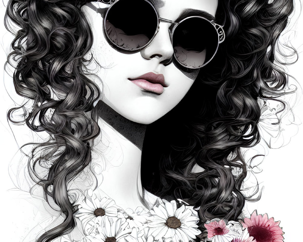 Monochrome illustration of woman with curly hair and floral dress