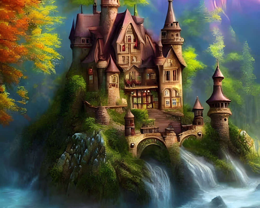 Fairytale castle on waterfall in autumn forest under twilight sky