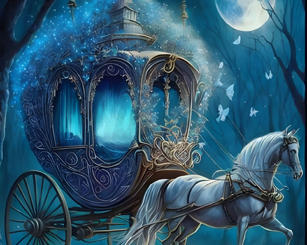 Moonlit Night Sky: Magical Horse-Drawn Carriage and Butterflies