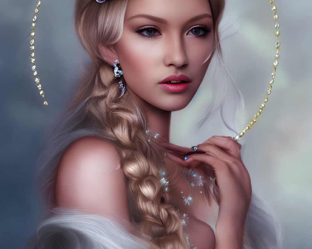 Digital portrait of a woman with braided hairstyle, sparkling headband, and white fur-like garment on