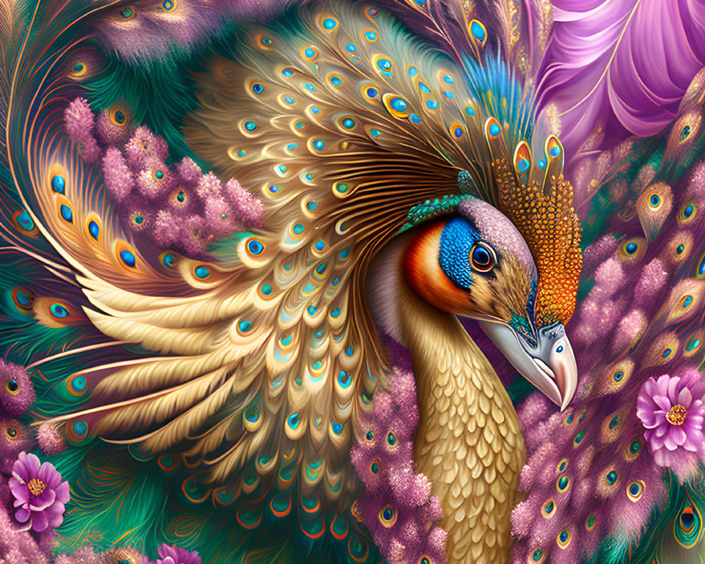 Colorful Peacock Illustration with Detailed Floral Patterns