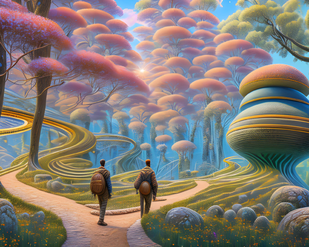 Two backpackers walking in vibrant, fantastical forest landscape