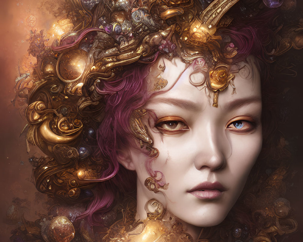 Fantastical portrait of figure with golden headdress and glowing orbs