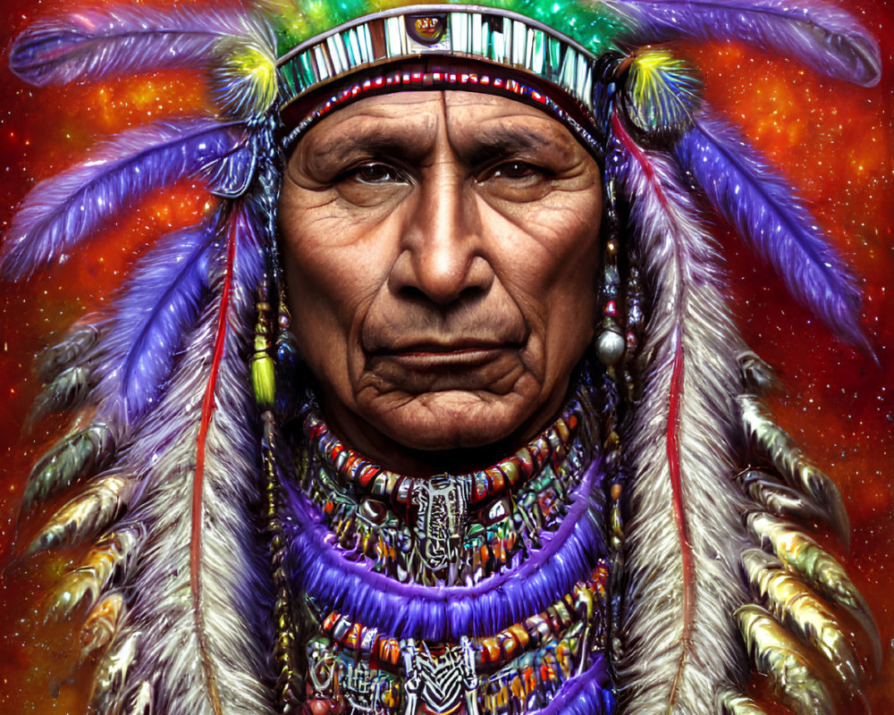 Colorful Native American headdress on stern-faced man against starry backdrop