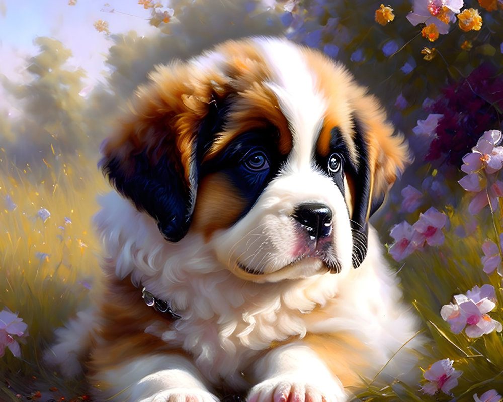 Fluffy Saint Bernard puppy in field of flowers