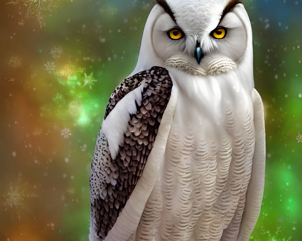 Detailed snowy owl digital illustration with yellow eyes and colorful snowflake background.