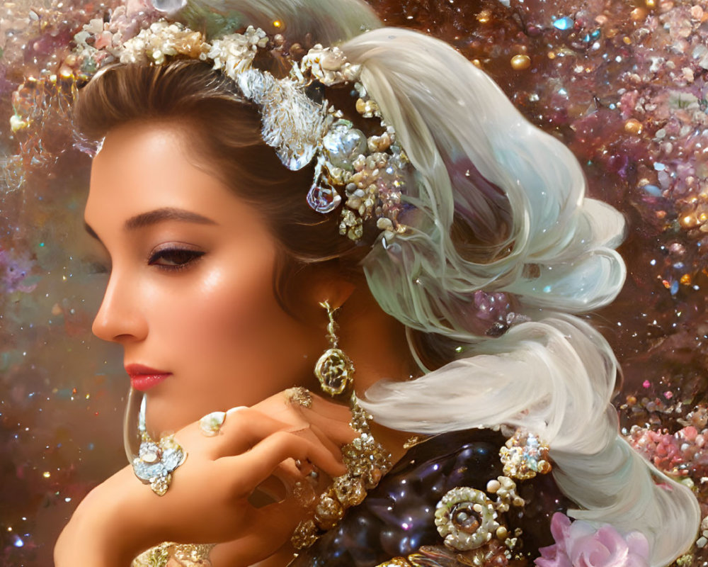 Illustrated Woman with Ornate Jewelry and Glamorous Hairstyle