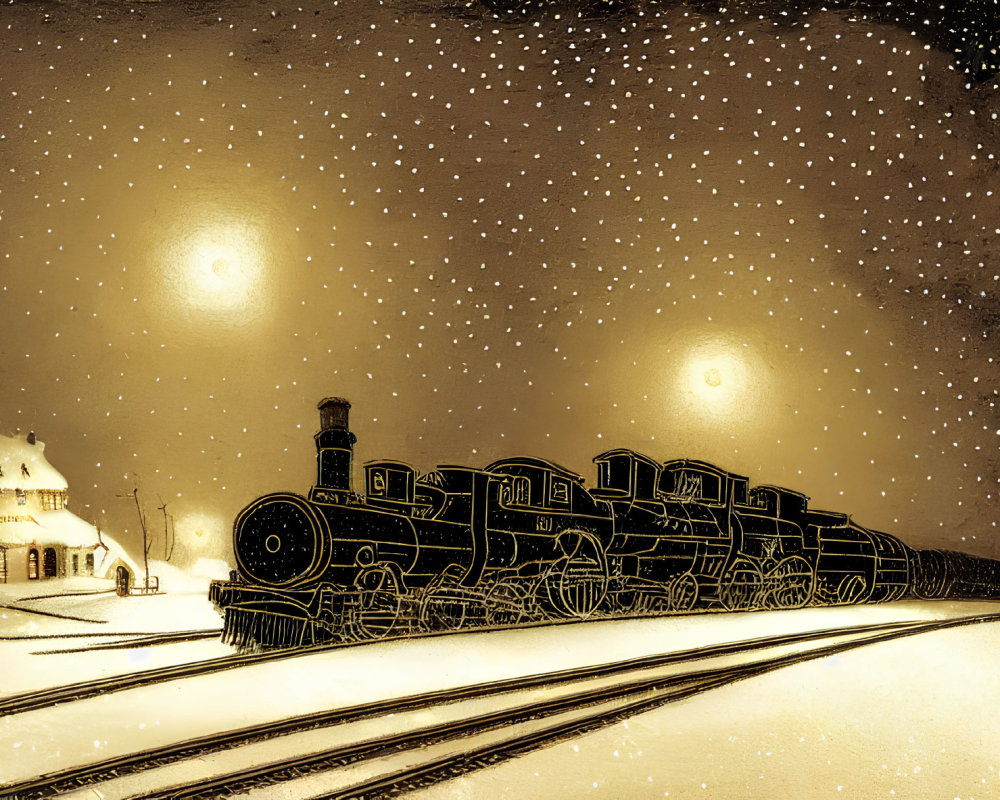 Vintage Train on Snowy Tracks at Night with Glowing Lights