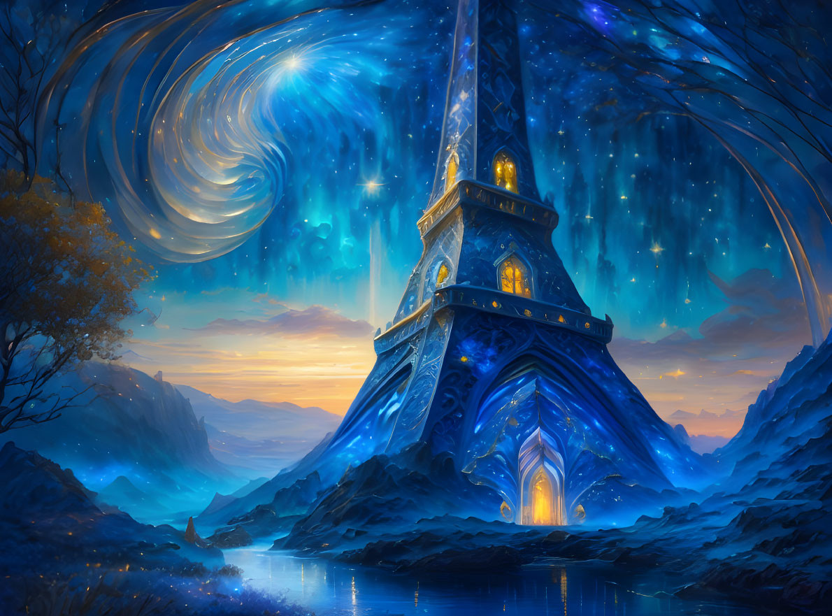 Fantasy illustration: Eiffel Tower in mystical landscape with starry sky.