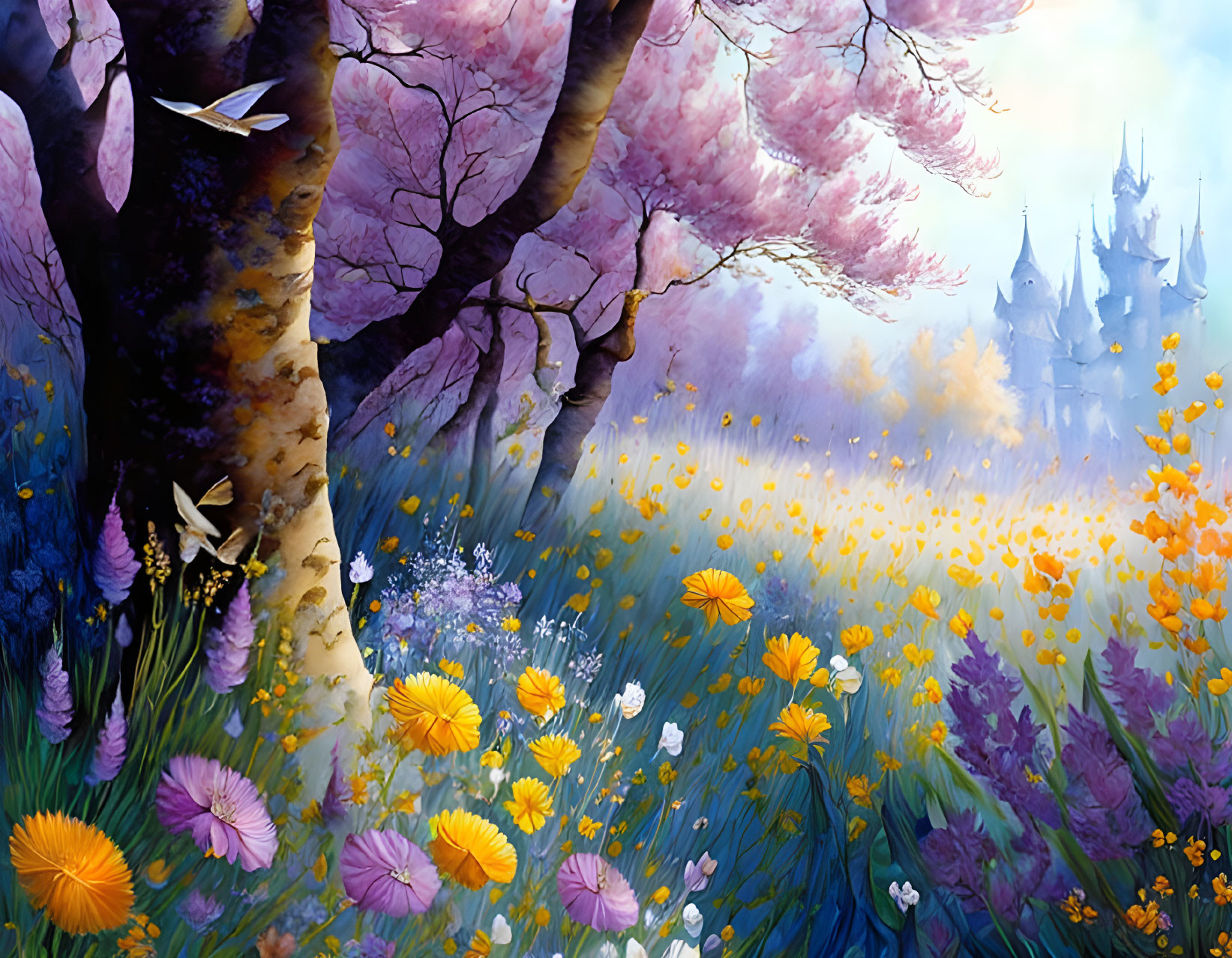 Colorful landscape with pink trees, vibrant flowers, and misty castle