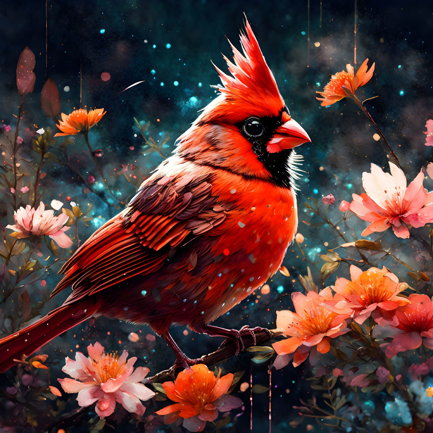 Colorful cardinal on branch with flowers in starry night scene