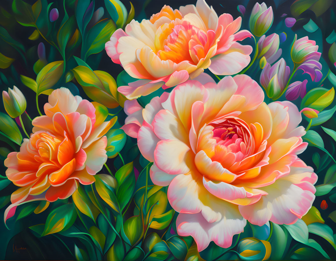 Vibrant Orange and Pink Peonies Against Dark Background