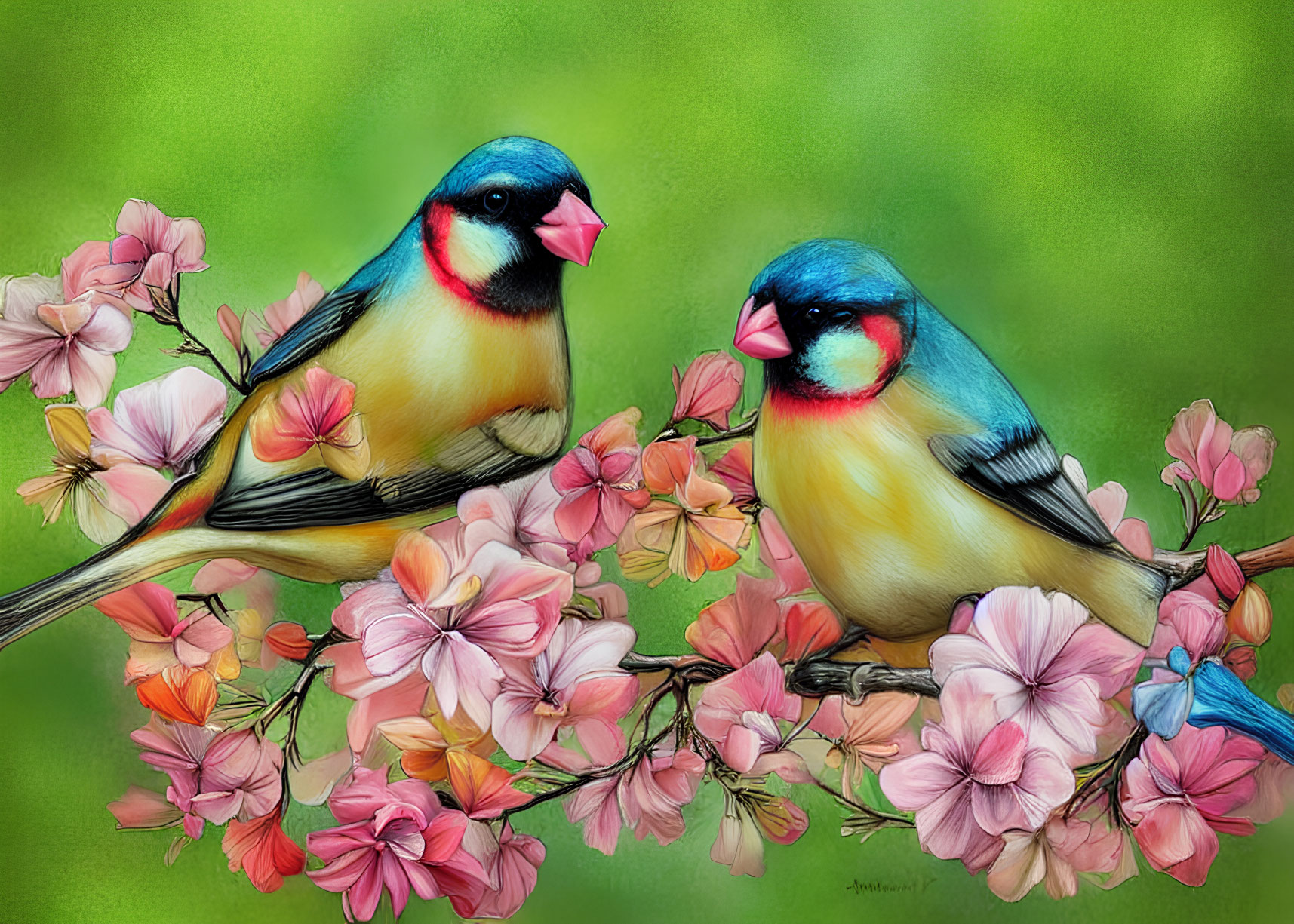 Colorful birds on branch with pink flowers in green background