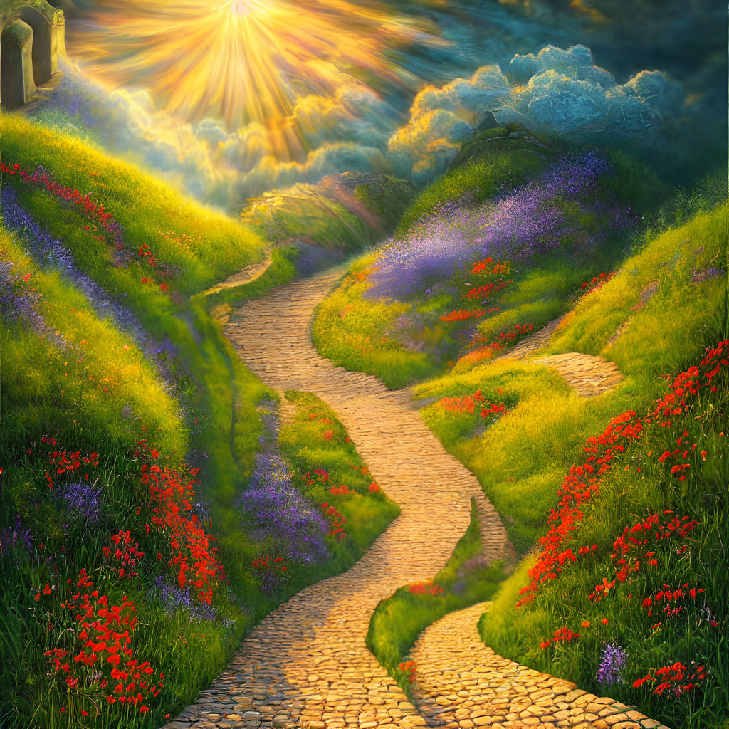 Colorful landscape painting: Stone path, flowerbeds, sunburst