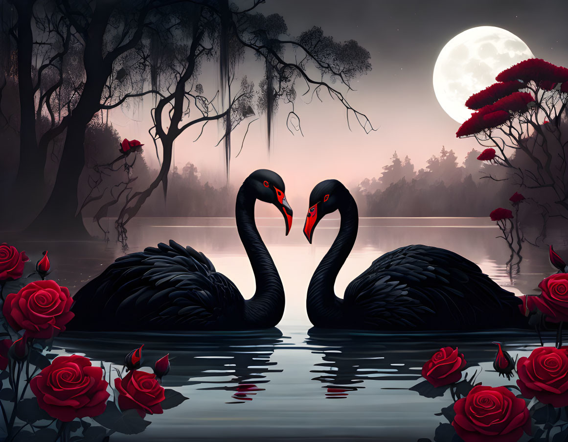 Black swans, red roses, and full moon in tranquil nocturnal lake