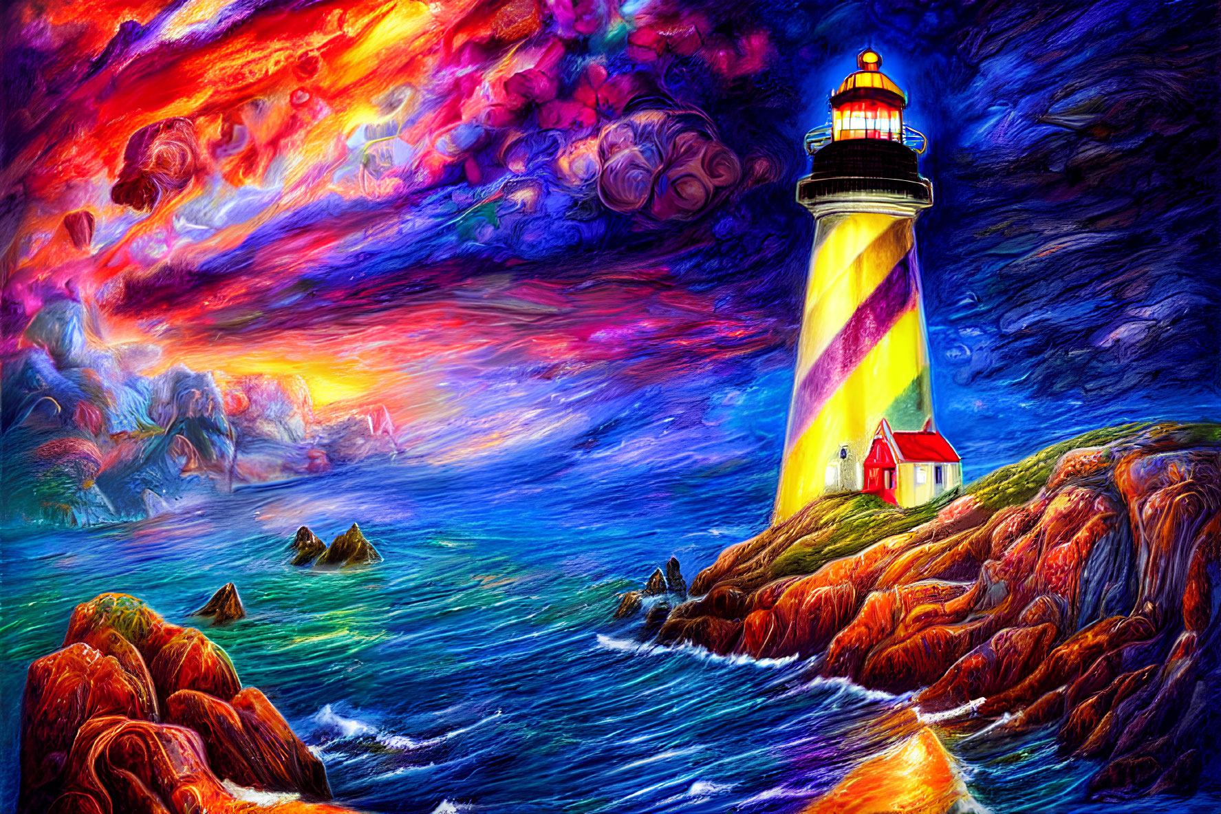 Colorful painting of lighthouse on rocky coast with bright light beam under dramatic sky