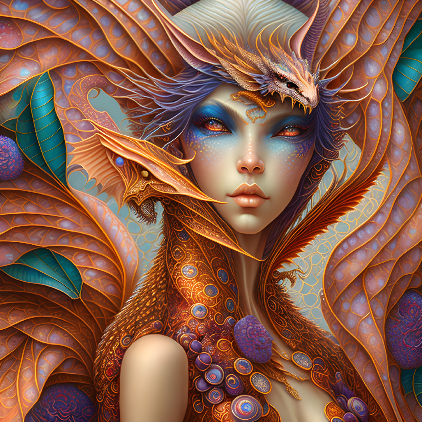 Fantastical digital artwork of female figure with dragon-like features