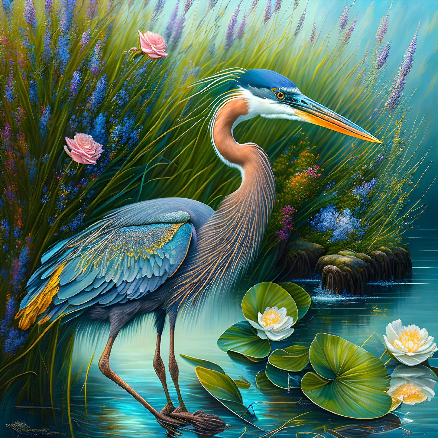 Colorful Heron Among Water Lilies and Lotus Flowers