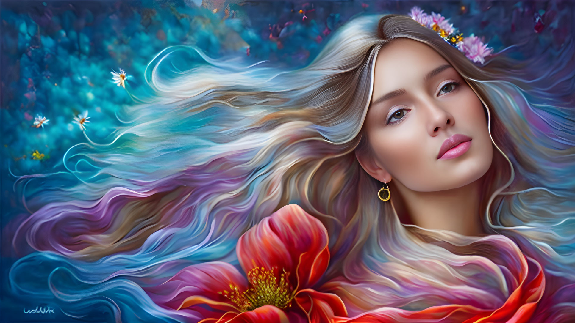 Digital painting: Woman with flowing hair, red scarf, whimsical background.