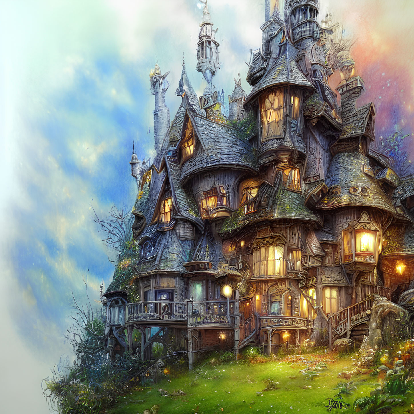 Whimsical fairytale castle in colorful sky