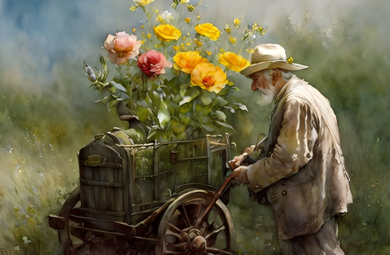 Elderly person with hat pushing cart in field of oversized roses