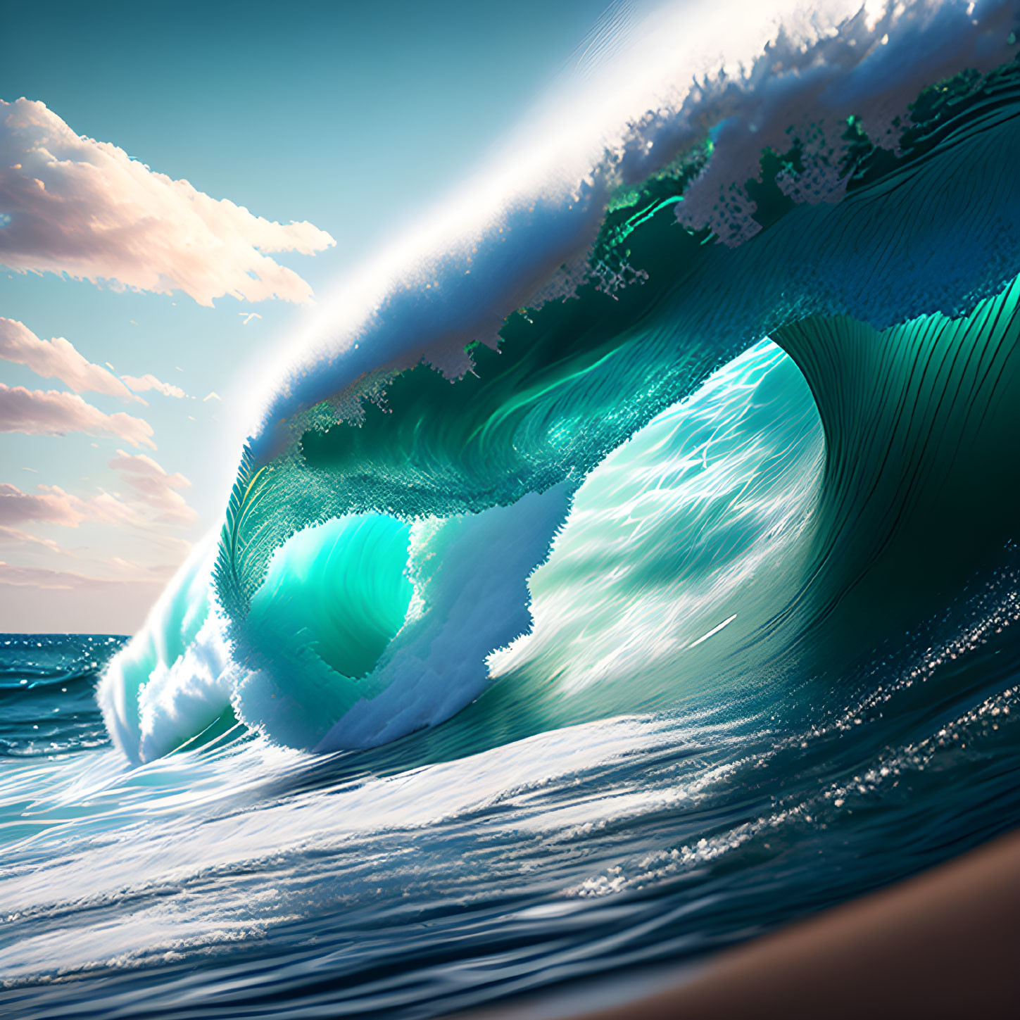 Turquoise Wave Curling Against Serene Blue Sky