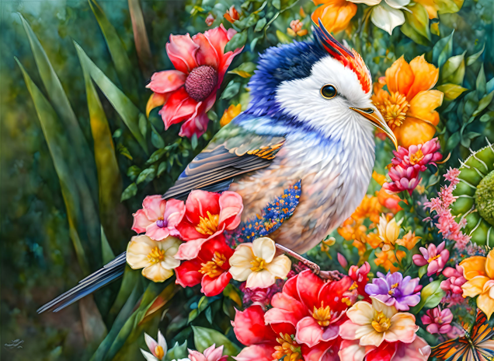 Colorful bird with white chest, blue wings, and red crest in vibrant painting