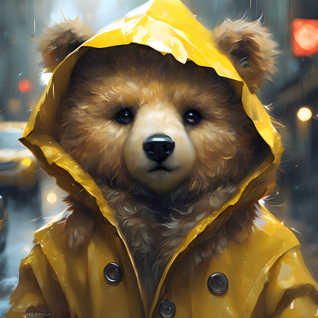 Fluffy bear in yellow raincoat against cityscape with raindrops