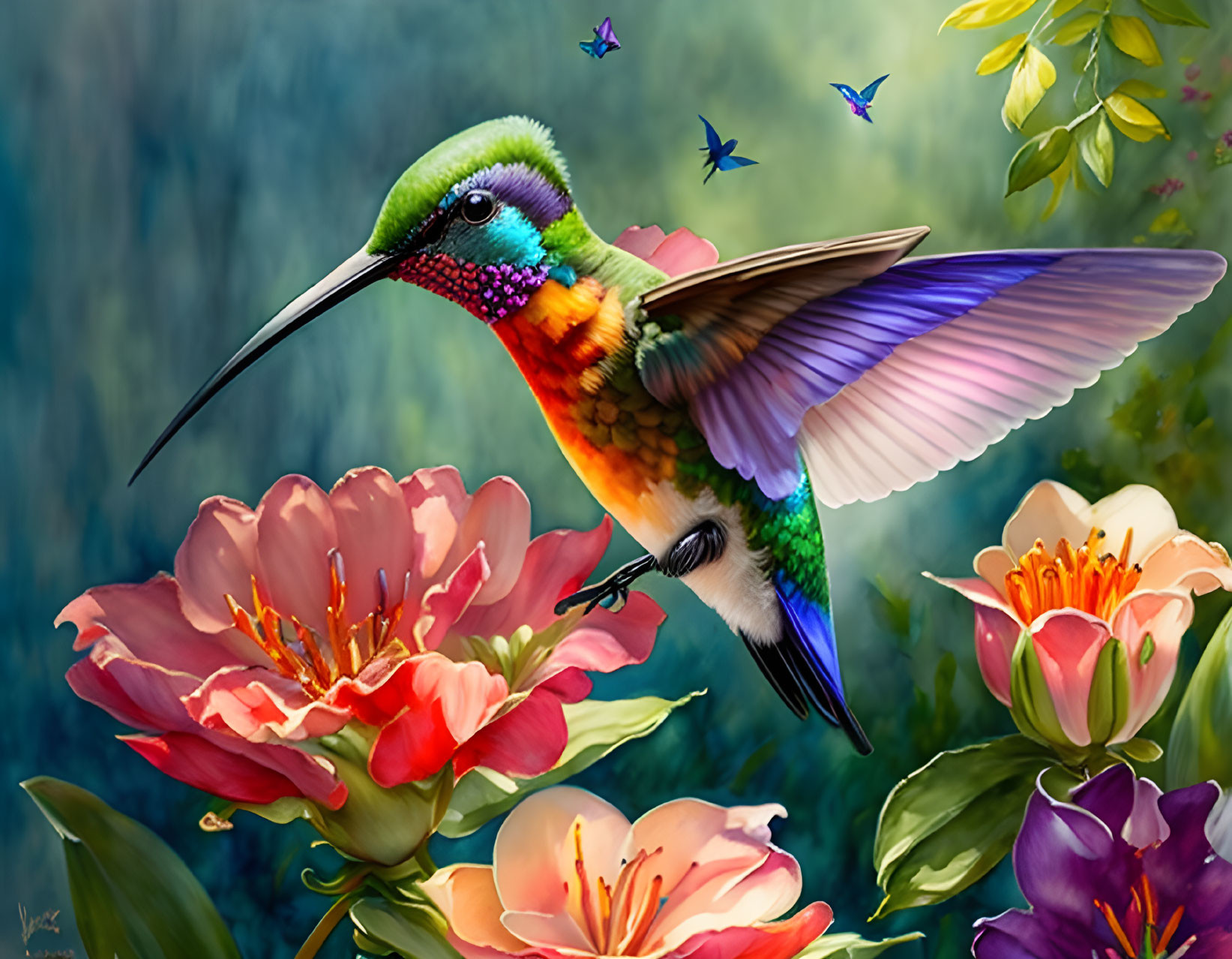 Colorful hummingbird near blooming flowers and butterflies