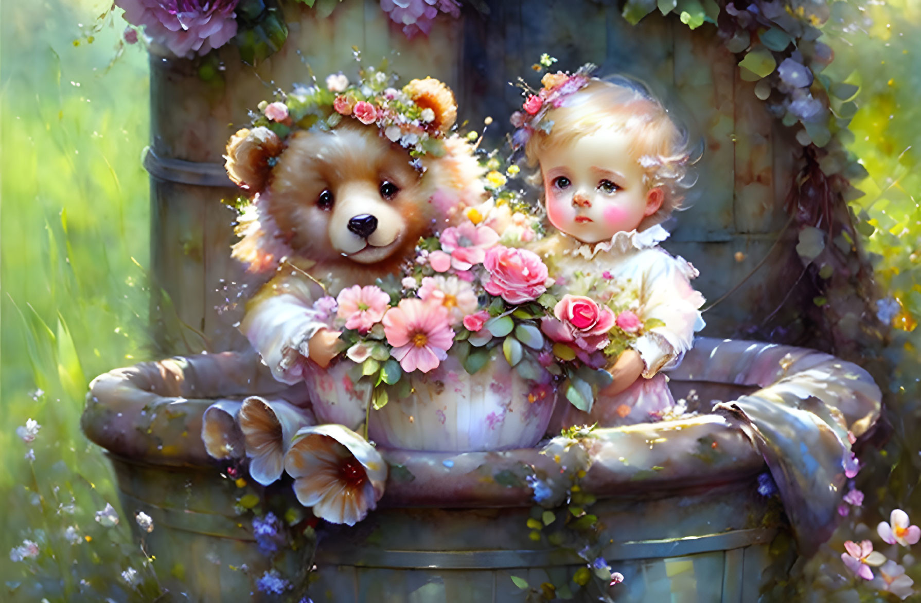 Child and teddy bear in dreamlike garden with pastel flowers and butterflies