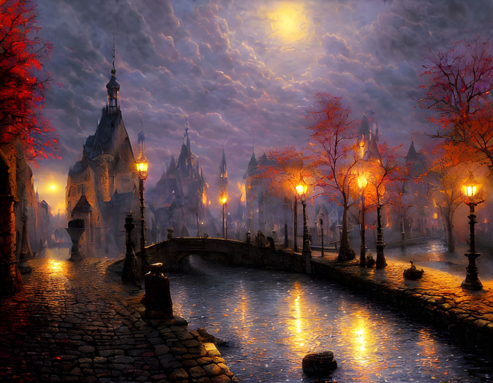 Moonlit night scene with lantern-lit cobblestone pathway, bridge, autumn trees, and cloudy