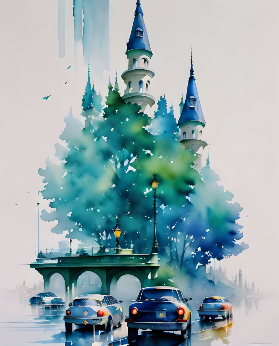 Vibrant watercolor cityscape with whimsical castles, trees, and classic cars