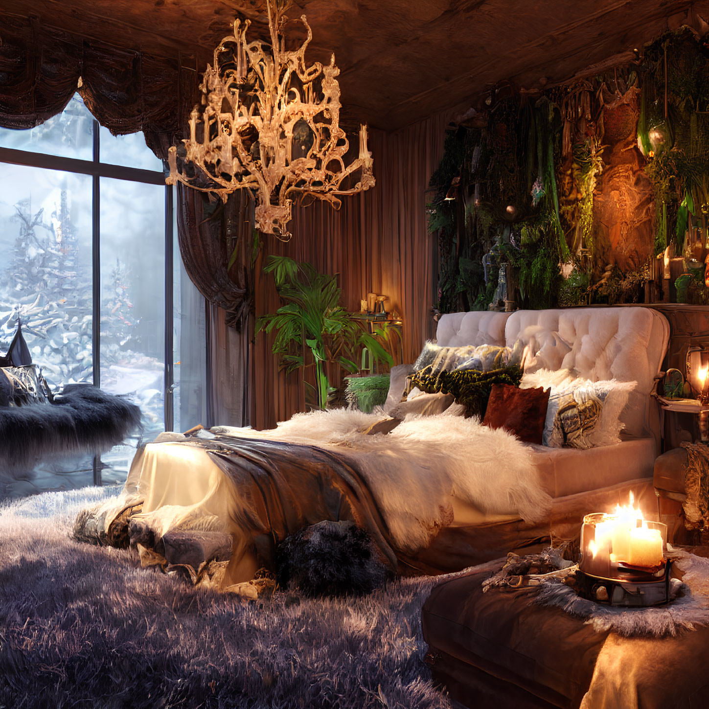 Winter-themed bedroom with plush bed, fur blankets, chandelier, candles, and snowy view.