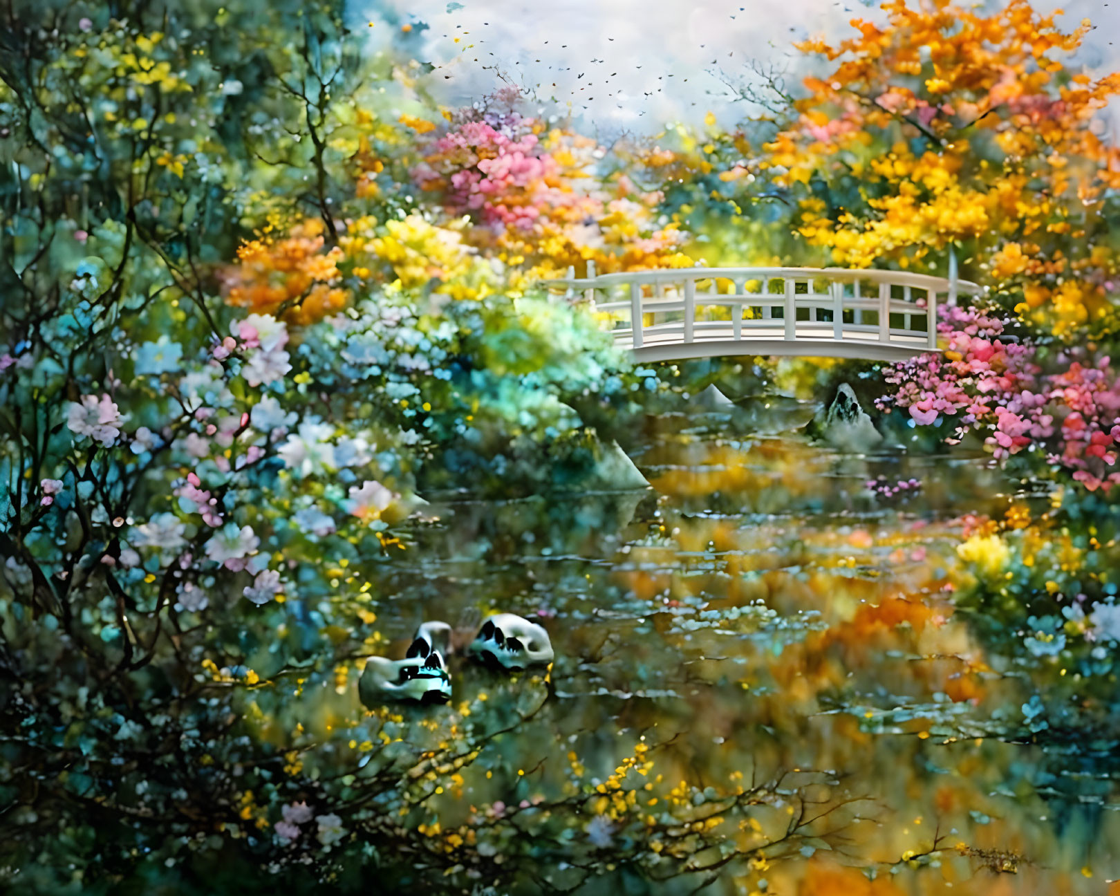 Serene pond painting with ducks, colorful foliage, and white bridge