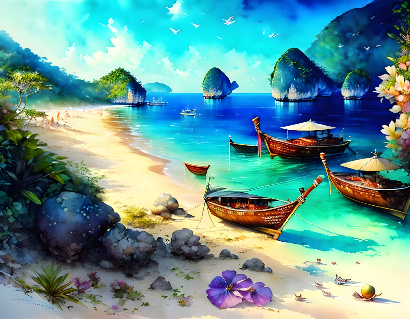 Tropical beach landscape with boats, blue water, white sands, greenery, flowers, and mountains