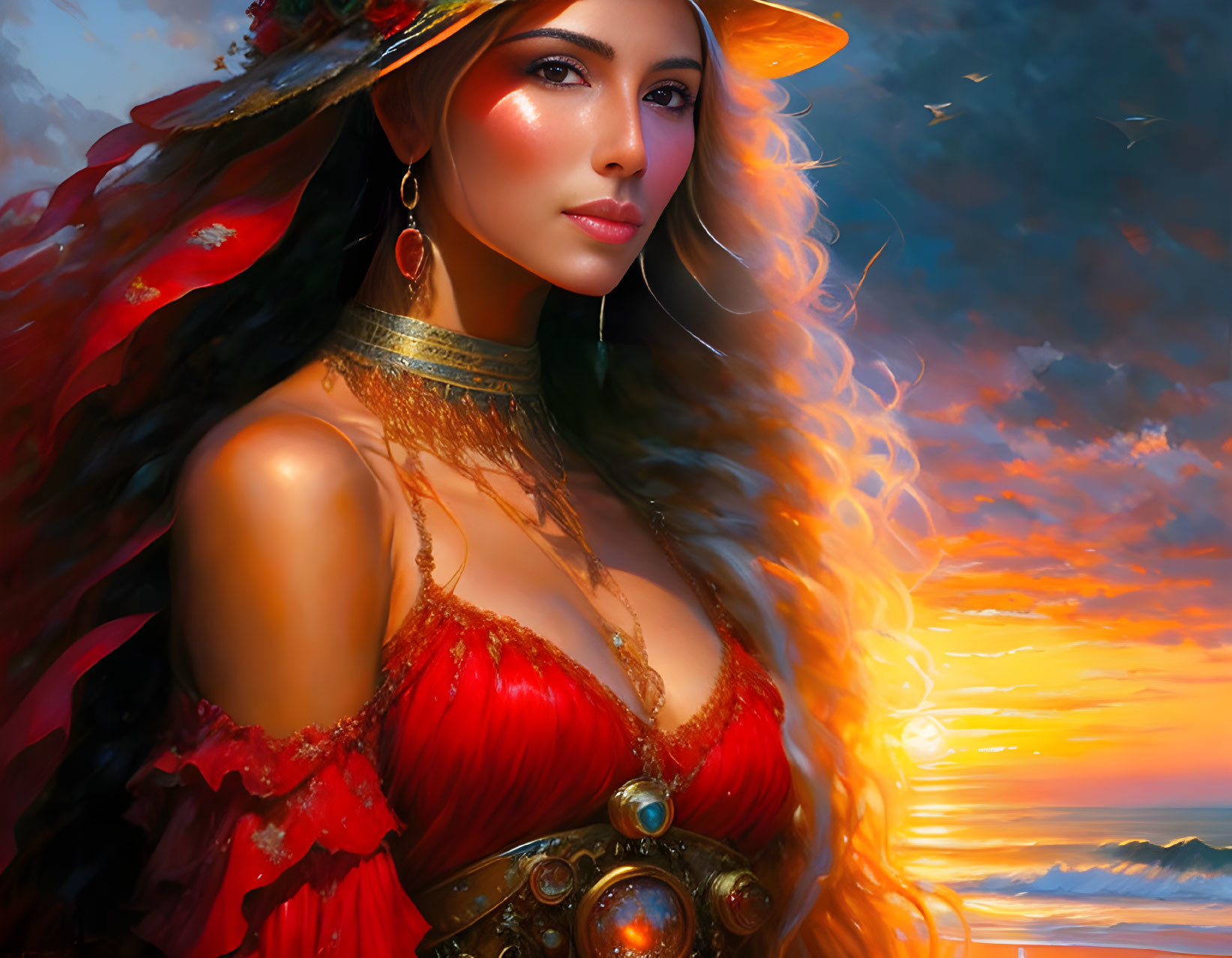 Woman in Wide-Brimmed Hat Stands Before Sunset in Red Dress