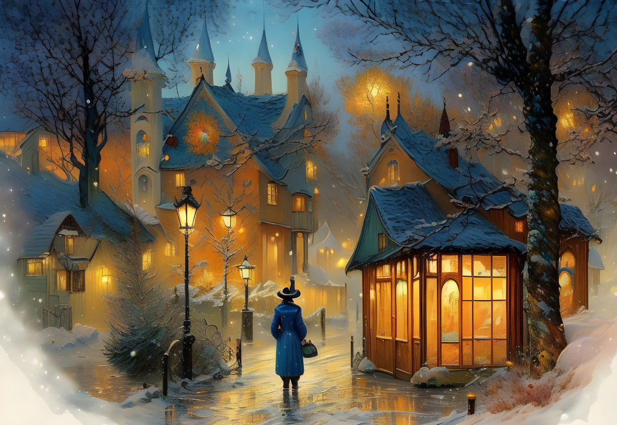 Person in blue coat strolls snowy village at dusk