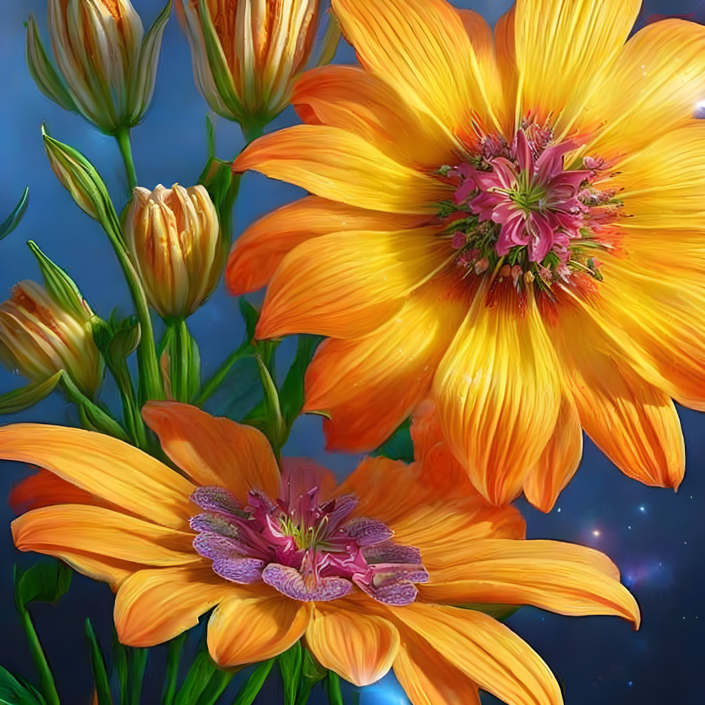 Colorful Flowers on Blue Starry Background