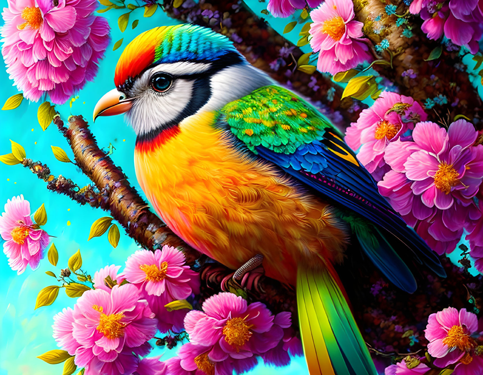 Colorful Bird Illustration Perched on Branch with Pink Blossoms