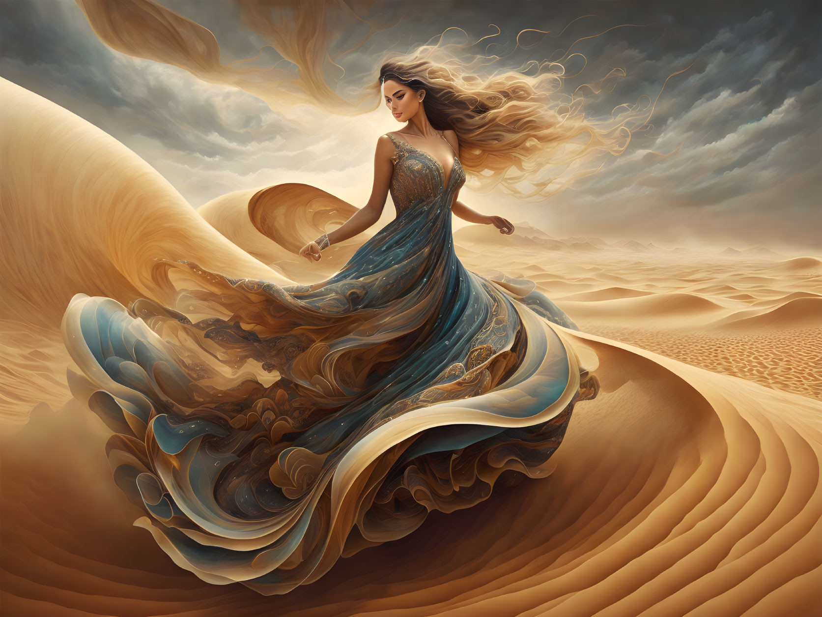 Woman with flowing hair and dress blending into surreal desert landscape