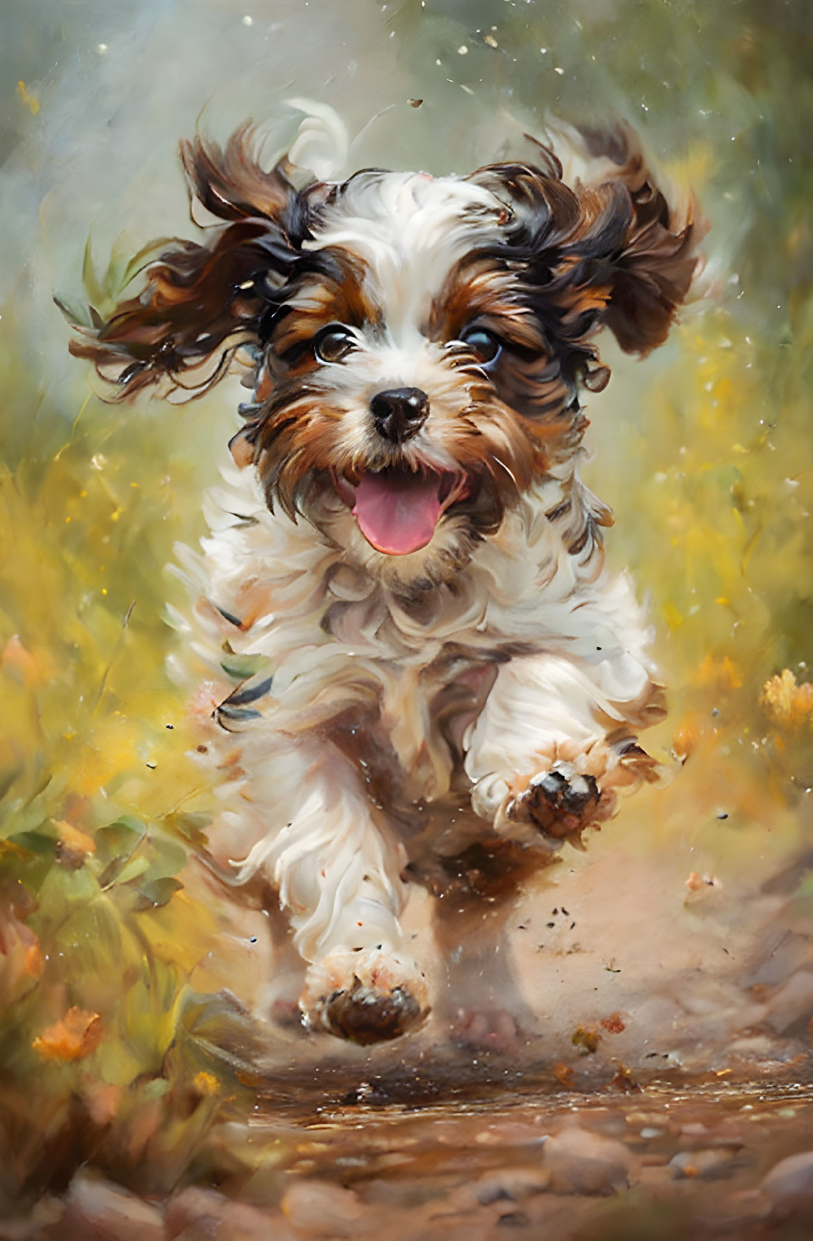 Brown and White Fluffy Puppy Playing in Field of Yellow Flowers