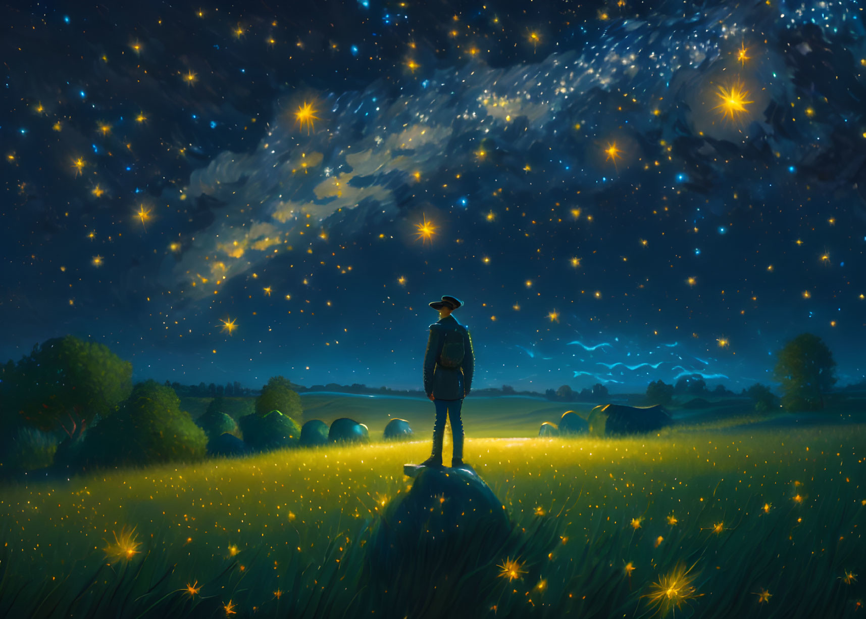 Person standing in glowing field under starry night sky