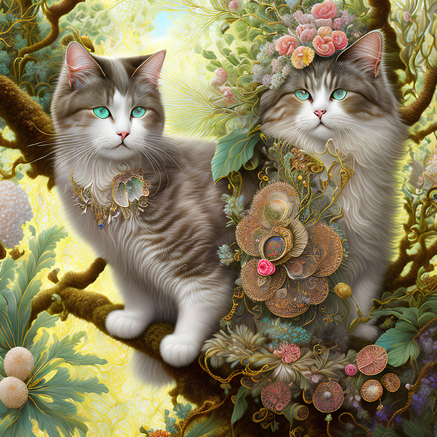 Ornately Decorated Fluffy Cats with Green Eyes in Floral Setting