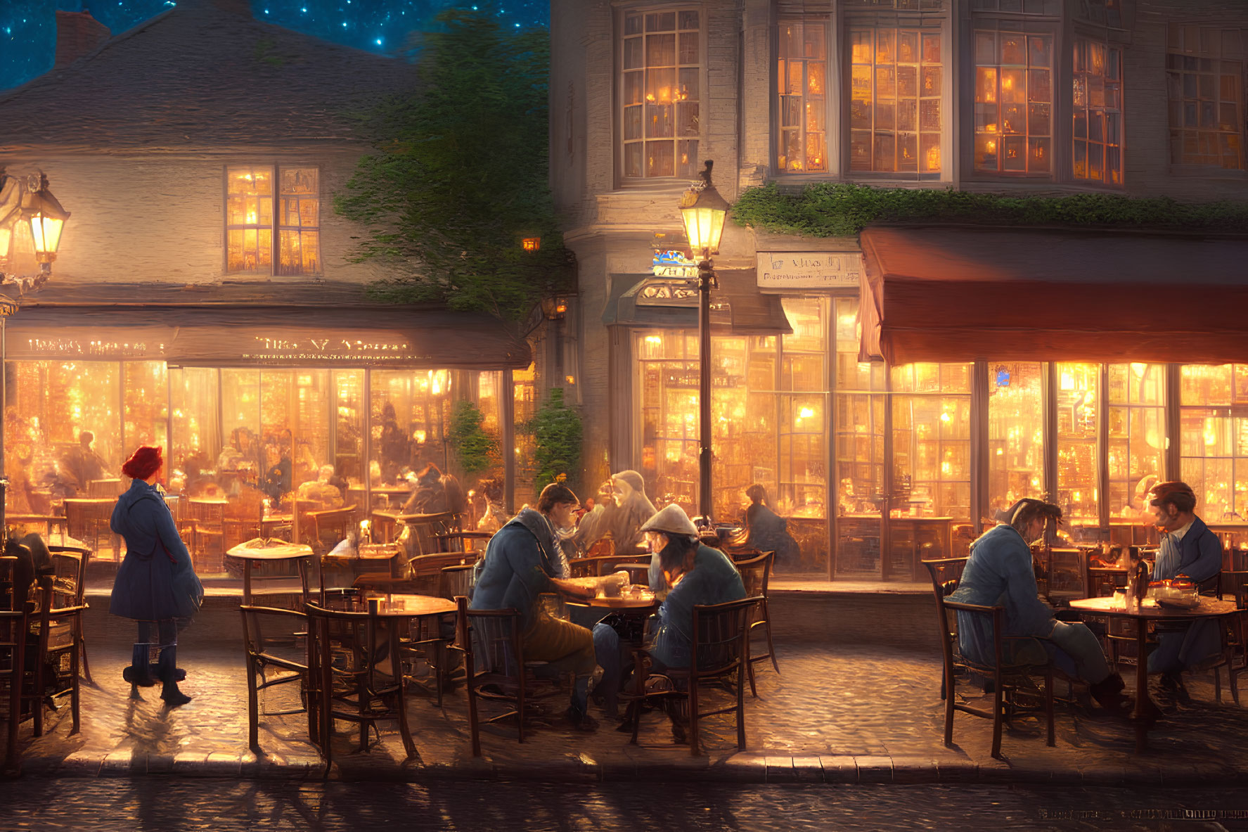 Warmly Lit Street Cafe Scene with Outdoor Dining and Person in Red Hat