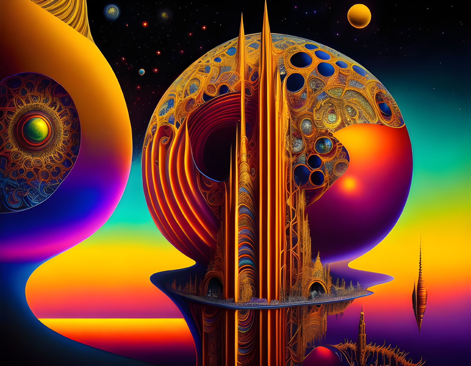 Alien cityscape with golden towers in cosmic setting